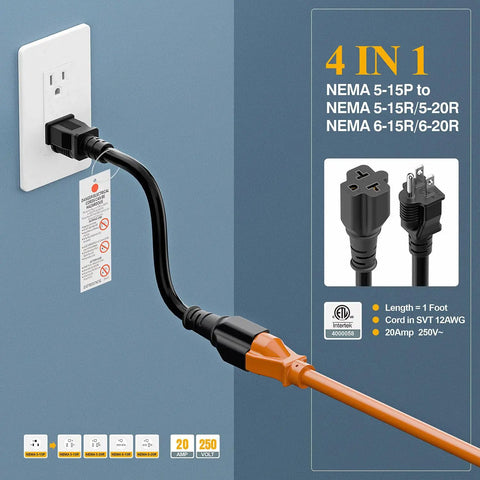 Beefy 15A To 20A Power Adapter Cable NEMA 5-15P To 5-15R 5-20R 6-15R 6-20R 4 In 1 12 AWG 1 Foot Black Cable in use
