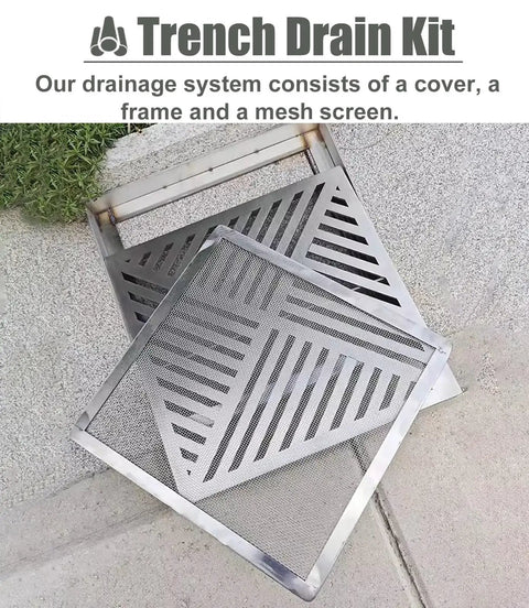 Heavy Duty Square Stainless Steel Drain Grate With Fast Draining Strainer Mesh Catch Basin Filter, 21 inches wide, shown from above.