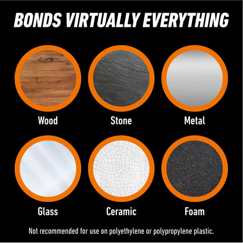 Gorilla Clear Glue infographic: six circular swatches (wood, stone, metal, glass, ceramic, foam) on black background.