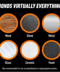 Image showing items bonded by Crystal Clear All Purpose Glue For Wood Metal Stone Ceramic Foam Glass And More Water Resistant Non Foaming Liquid Adhesive For Quick Bonds On DIY Projects 1.75 Ounce Bottle, including wood, stone, metal, glass, ceramic, and foam.