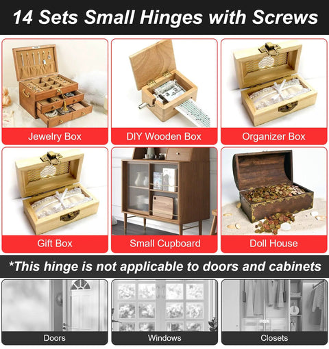 Display of 14 sets small hinges for jewelry and DIY boxes, not for doors; 50 Pairs Small Hinges Set For DIY Projects focus