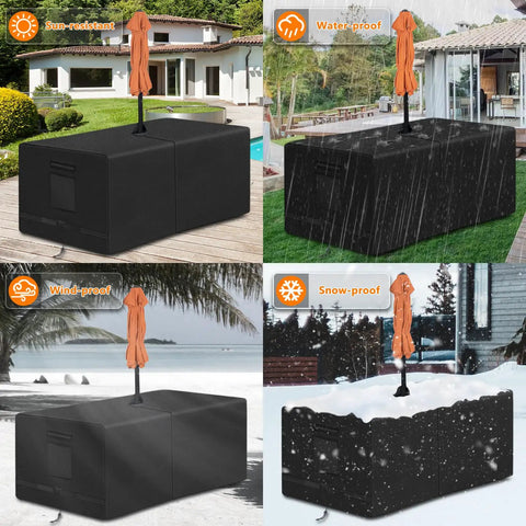 Heavy Duty Waterproof Rectangle Patio Table Cover With Umbrella Hole Made From 600D Oxford Fabric Outdoor Furniture Cover For Patio And Lawn Weatherproof UV Resistant Tear Resistant Fits Up To 108 Inches Long 82 Inches Wide And 23.6 Inches High protecting table in sun, rain, wind, snow conditions.