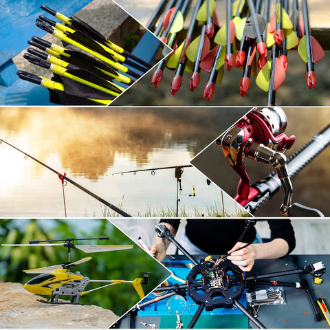 Collage of archery arrows, fishing rods, and drone assembly with Dope Carbon Fiber Tubes 500mm Long 12mm Outer Diameter 10mm Inner Diameter 3K