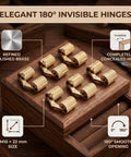 Polished Brass Hidden Cabinet Hinges, 10 Pcs M10x22mm, 180 Degree Opening Concealed Cylindrical Hinges displayed on wood box