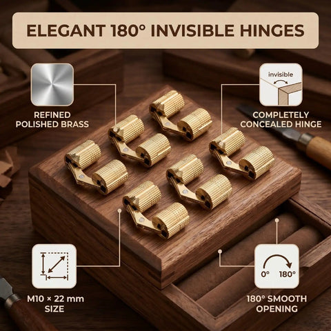 Polished Brass Hidden Cabinet Hinges 10 Pack M10x22mm displayed on wooden surface with 180 degree concealed design.