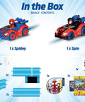 It's Spidey Time Slot Car Race Track Set With Spidey And Spin Cars Battery Powered Beginner Toy contents overview image