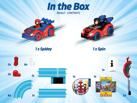 It's Spidey Time Slot Car Race Track Set With Spidey And Spin Cars Battery Powered Beginner Toy contents overview image