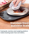 Digital Food Scale With Stainless Steel Bowl being cleaned, showcasing spill-resistant design and tare function.
