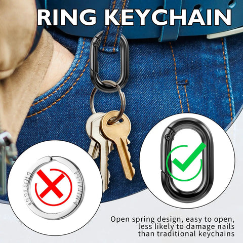 Person using 10 Pack Black Mini Carabiner Clips 1 Inch Tiny Spring Snap Hooks Heavy Duty Key Ring for car keys on a belt loop.