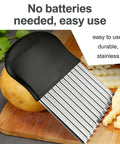 Side view of large French fry slicer with stainless steel crinkle blades and black handle