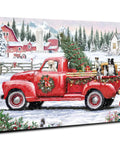 Vintage Red Pickup Truck Christmas Canvas Wall Art 12X16 Inch Rustic Farmhouse Decor With Christmas Tree Scene and Dogs