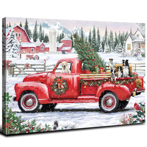 Vintage Red Pickup Truck Christmas Canvas Wall Art 12X16 Inch Rustic Farmhouse Decor With Christmas Tree Scene and Dogs