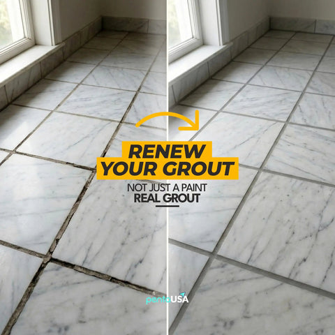 Gray Premixed Acrylic Sanded Grout Repair Kit With Applicator For Bathroom Shower Kitchen Floor Water-Resistant Grout Filler Fast Drying 13.4 Oz Ideal For Cracks And Worn Joints In Tile before and after application on marble floor tiles.
