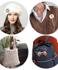 Round button badges shown on hat, sweater vest, crochet tote bag, and backpack.