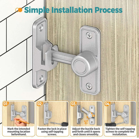 Heavy Duty 90 Degree And 180 Degree Barn Door Lock Made From Rust Proof Zinc Alloy installation guide on wooden surface