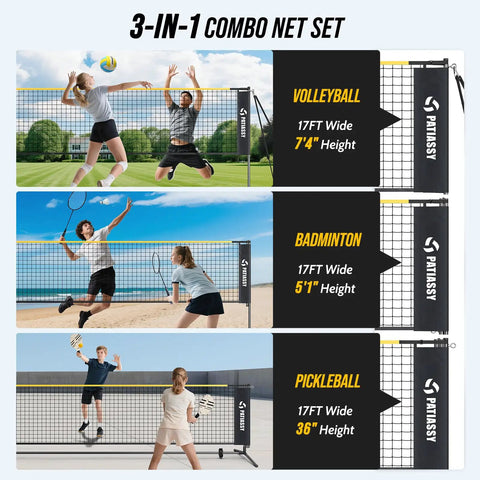 Image of All-In-One Backyard 3-In-1 Net Set For Volleyball Badminton And Pickleball With 17Ft Adjustable Height Net displayed in use.