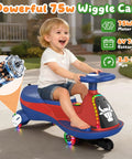 Young child riding Two Seater Electric Wiggle Car For Kids With Pedal, 75W Motor, 2-In-1 Ride On Toy with Bluetooth Music, Blue