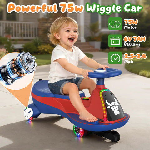 Young child riding Two Seater Electric Wiggle Car For Kids With Pedal, 75W Motor, 2-In-1 Ride On Toy with Bluetooth Music, Blue
