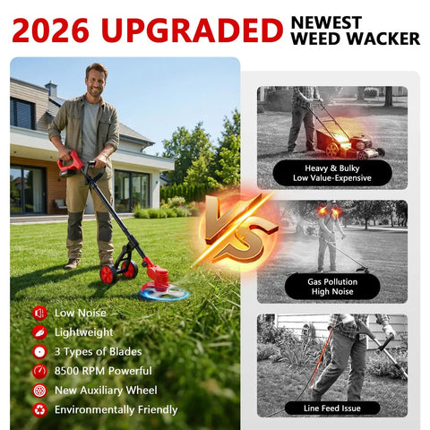 Person using Cordless Electric Weed Wacker 4 In 1 Grass Trimmer With Wheel 650 Watt Motor Dual Battery Power No String Trimmer outdoors
