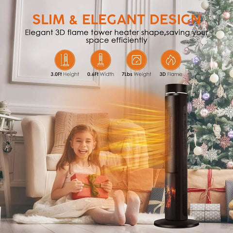 36 Inch Tower Space Heater For Large Rooms With 1500W Ceramic Electric Fireplace Effect, Adjustable Thermostat, Realistic 3D Flames, Smooth Oscillation And Wireless Remote Slams The Freeze Like A Champ in living room with child.