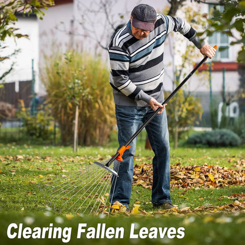 Man using Long Handle Leaf Rake For Lawns With Adjustable Head 61 Inch Heavy Duty Rake Made From High Carbon Steel Tines Zinc Plated for Leaves