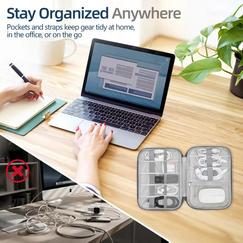 Water Resistant Electronics Organizer Case For Cables And Chargers Slim Travel Pouch with organized slots next to laptop