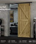 96 Inch Ceiling Mount Box Rail Barn Door Hardware Kit installed in a garage, showing wood door on aluminum alloy sliding track.