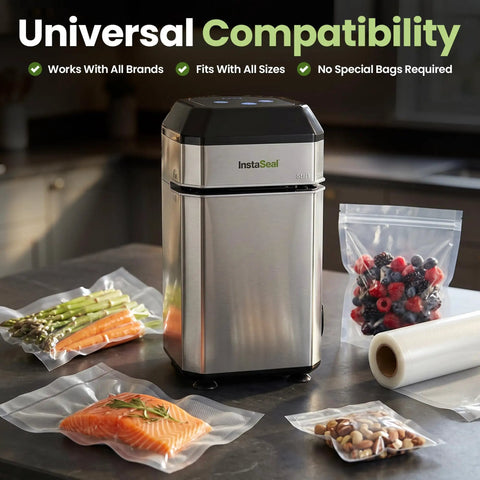 Upright Food Vacuum Sealer for meal prep and bulk buys with 60 kPa seal, displaying sealed bags of produce and meats.
