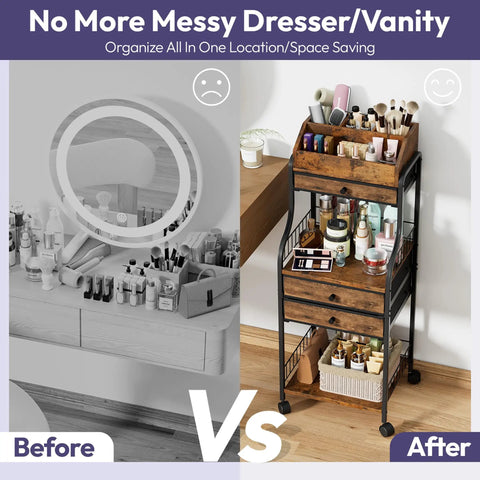 Rolling Makeup Organizer Cart With Wheels For Floor Skincare Storage, non woven drawers, organized cosmetics, side view.