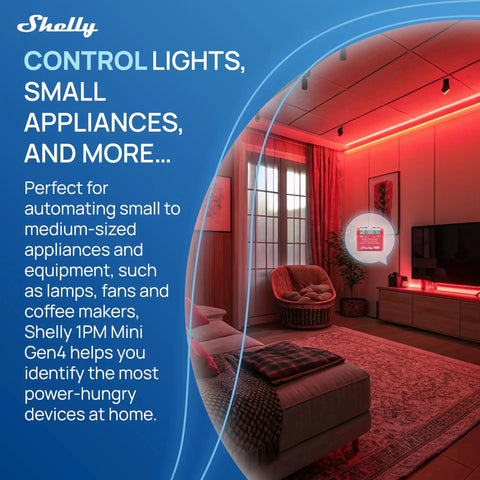 1PM Mini Gen4 Smart Switch With Wi Fi Zigbee And Matter Compatibility 1 Channel 8A Dual Pack Power Monitoring No Hub Needed Fast Setup In Minutes Remotely Control Appliances From Anywhere, living room lights