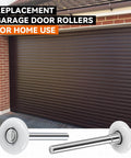 Ultra Quiet 1.8 Inch Nylon Garage Door Rollers With 4 Inch Carbon Steel Stem For Smooth Operation And Low Friction Durable Replacement Kit For Residential Doors 8 Pack shown with brown garage door in background.
