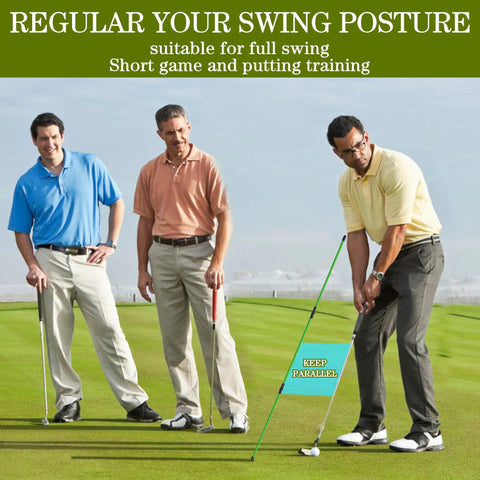 Three men practicing golf with 2 Pack 48 Inch Collapsible Golf Alignment Sticks Training Aid For Aiming, Putting, And Swing.