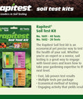 Package of Rapitest Soil Test Kit for 40 or 20 tests with color comparators for home soil pH and NPK analysis.