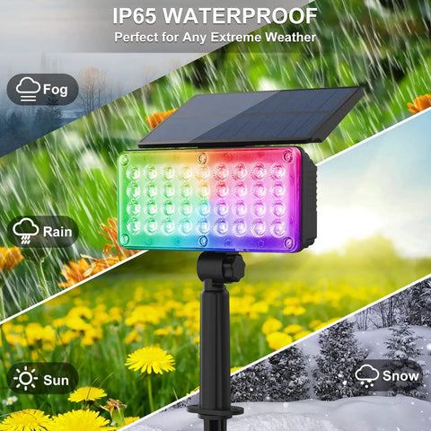 Super Bright Solar Spotlight With 36 LEDs, RGB Color Changing Outdoor Landscape Lights, IP65 Waterproof, weather conditions