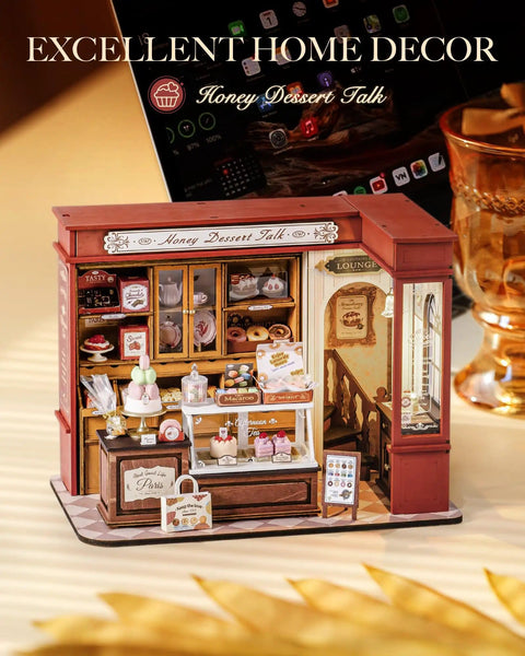 Vintage French Dessert Shop Miniature Dollhouse Kit With LED Light One 18 Scale Wooden Diorama Model For Adults kitchen decor
