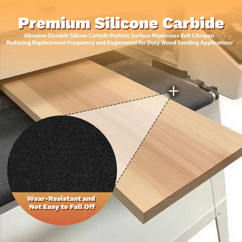 Premium silicone carbide sander belt on wood plank, highlighting abrasive surface for 120 Grit Silicone Carbide Drum Sander Belt 16-1/4 X 43-1/2 Inches For Older Jet And Performax 16-32 Drum Sanders Pro-Grade Heavy-Duty Long-Lasting Conveyor Belt For Precise Sanding.