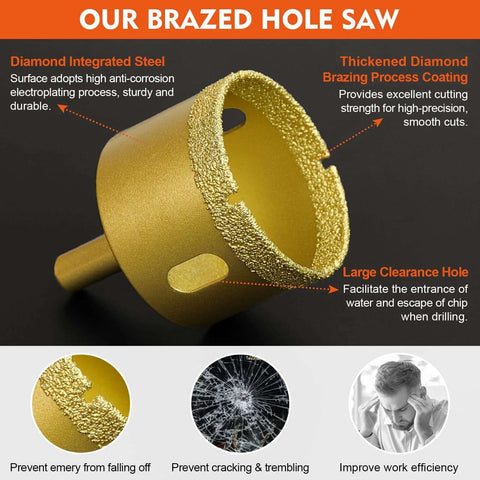 MARSBASE diamond hole saw bit, gold color with diamond-coated edge for tile and stone drilling (front view)