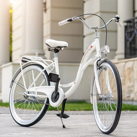 White bicycle with 2 Pack Bike Pedal Covers With 3.5mm Neoprene Cushioned Pedal Sleeves for protection against damage in transit.