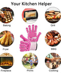 Extreme Heat Resistant Oven Gloves for BBQ Grilling and Baking Pink Heat Proof Cooking Mitts with Superior Grip shown with various uses