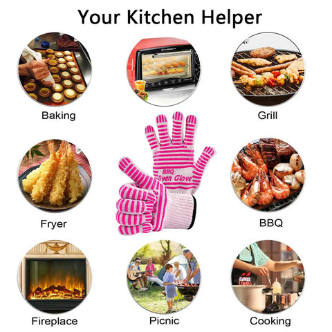 Extreme Heat Resistant Oven Gloves for BBQ Grilling and Baking Pink Heat Proof Cooking Mitts with Superior Grip shown with various uses