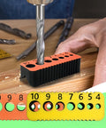 Dead On Portable Drill Bit Guide Metric Hole Template For Woodworking Jobsite Pro Grade with drill bit aligned for precision.