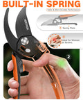 Close-up of Eight Point Five Inch Stepless Handle Pruning Shears, black SK5 steel blades, bright orange stepless handle in use.