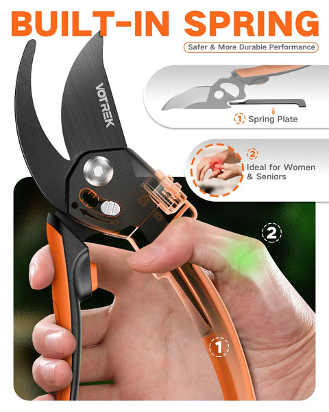 Close-up of Eight Point Five Inch Stepless Handle Pruning Shears, black SK5 steel blades, bright orange stepless handle in use.