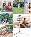 Collage showing Extendable Phone Tripod And Selfie Stick For Vlogging, 59-Inch Portable 2-In-1 Clip Stand used in various scenarios.