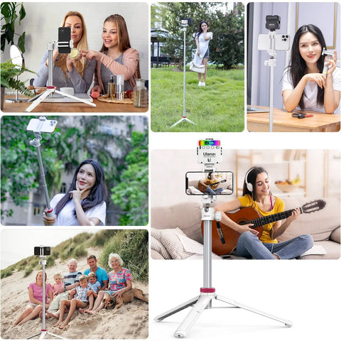 Collage showing Extendable Phone Tripod And Selfie Stick For Vlogging, 59-Inch Portable 2-In-1 Clip Stand used in various scenarios.