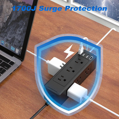 Desk Clamp Power Strip With USB C PD, 9 Outlets And 4 USB Ports, 13-In-One Charging Station on a desk with surge protection shield.