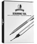 Badass Deburring Tool With Ten Spare Blades And Sharp Scribe Stored In A Rugged Zippered Case displayed on packaging.