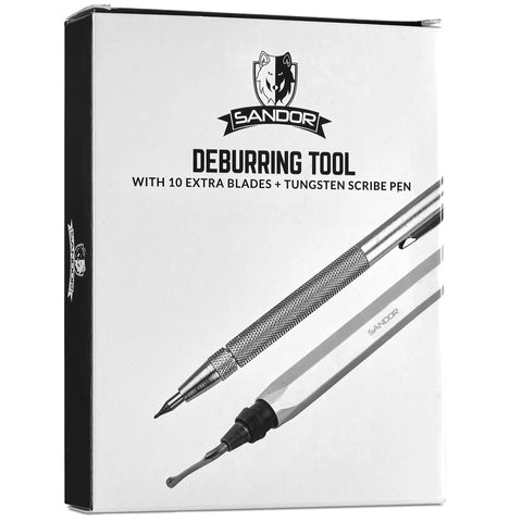 Badass Deburring Tool With Ten Spare Blades And Sharp Scribe Stored In A Rugged Zippered Case displayed on packaging.