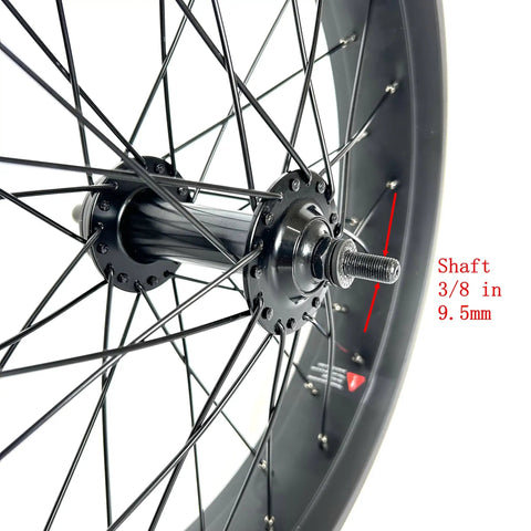 Close-up of 20x4.0 Beefy Front Fat Bike Wheel Set with bolt-on rim, dual bearing hub, 135mm dropout for electric fat bike snow riding