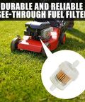 One Quarter Inch Inline Fuel Filter 40 Micron Universal Pack Of 10 shown installed on lawn mower engine.